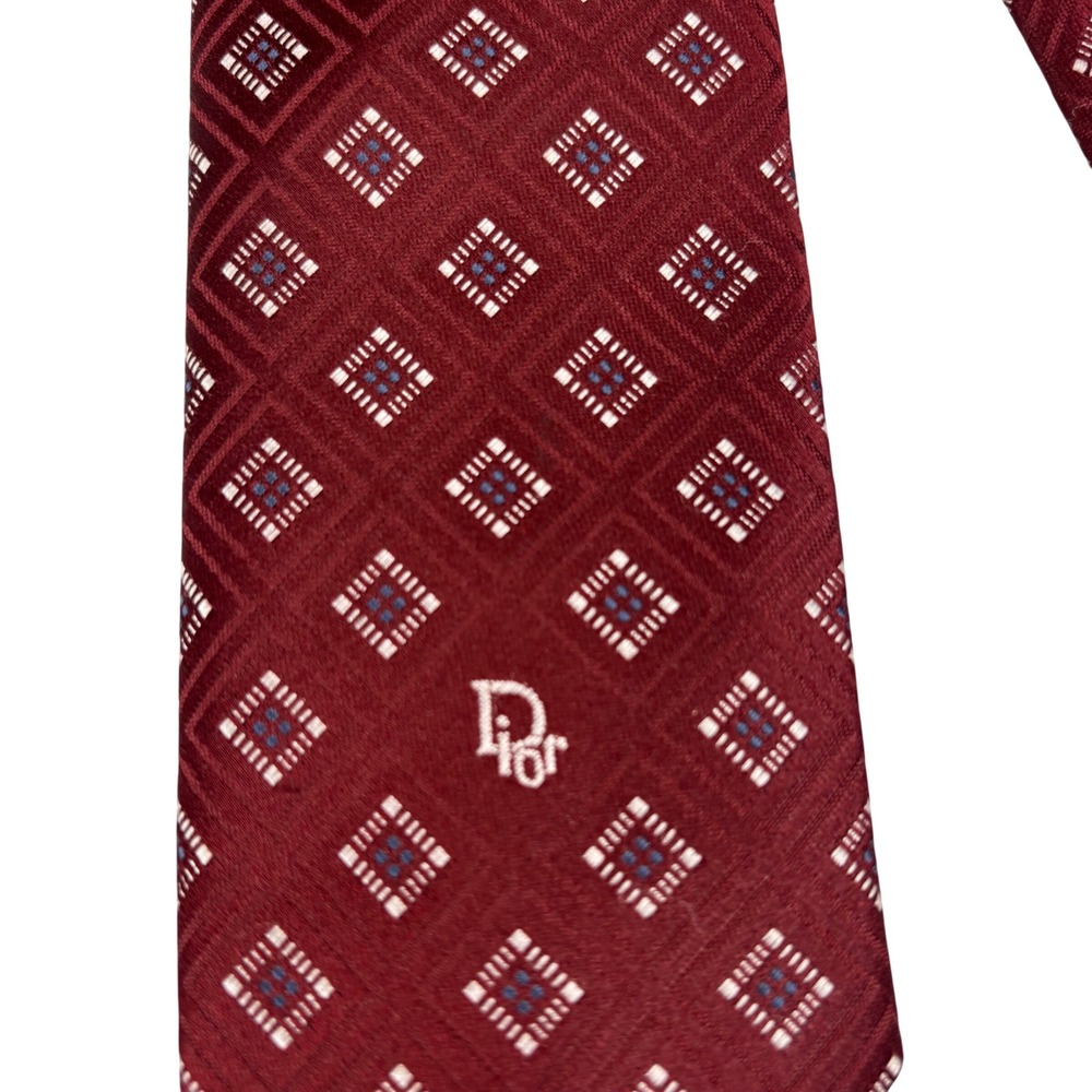 Christian Dior Cravates Mens Burgundy Geometric Square Pattern Vintage Necktie